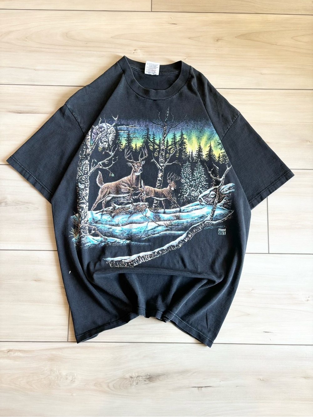 Vintage 90s beautiful nature deer wildlife print AOP graphic mens t-shirt USA